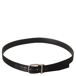 Black Calf Leather Silver Logo Metal Buckle Belt