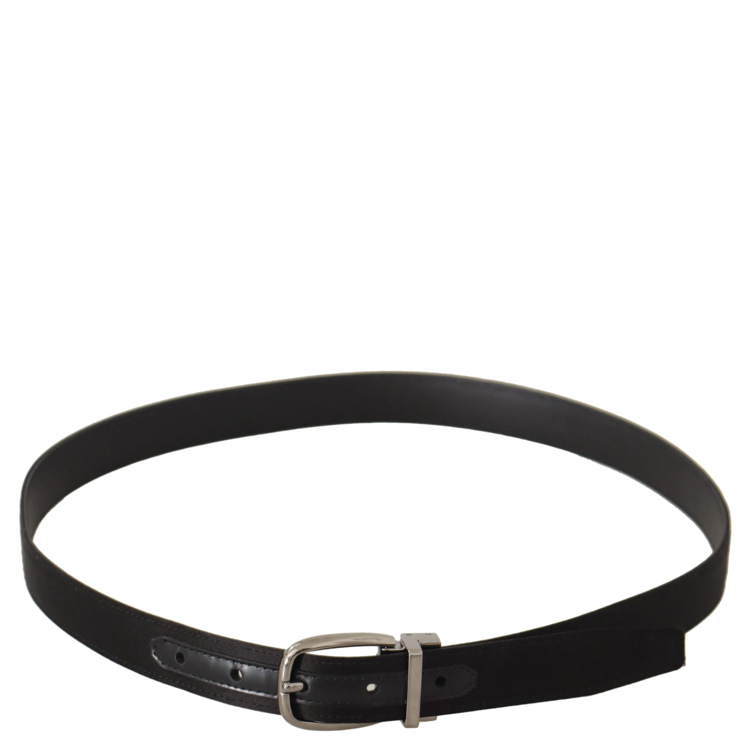 Black Calf Leather Silver Logo Metal Buckle Belt