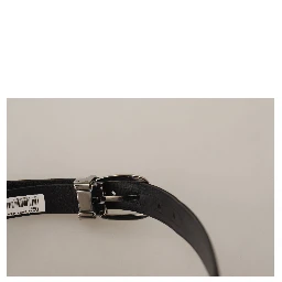 Black Calf Leather Silver Logo Metal Buckle Belt