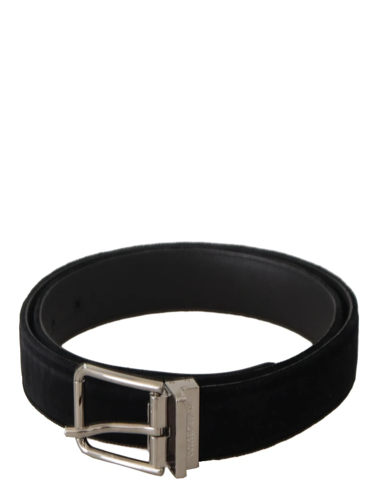 Black Velvet Silver Logo Engraved Metal Buckle Belt