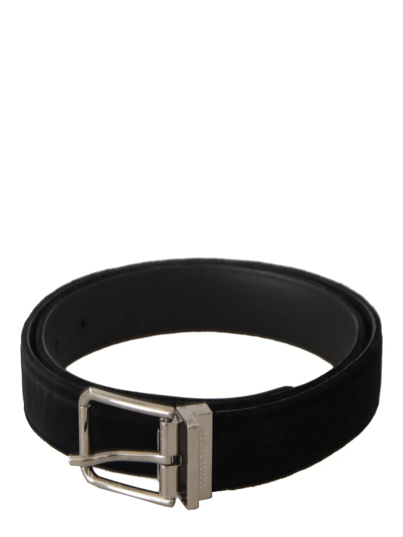 Black Velvet Silver Logo Engraved Metal Buckle Belt