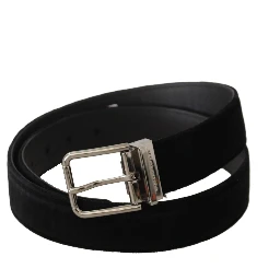 Black Velvet Silver Logo Engraved Metal Buckle Belt