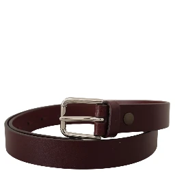 Maroon Calf Leather Silver Tone Metal Buckle Belt