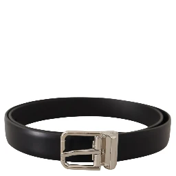 Black Calf Leather Silver Metal Logo Buckle Belt