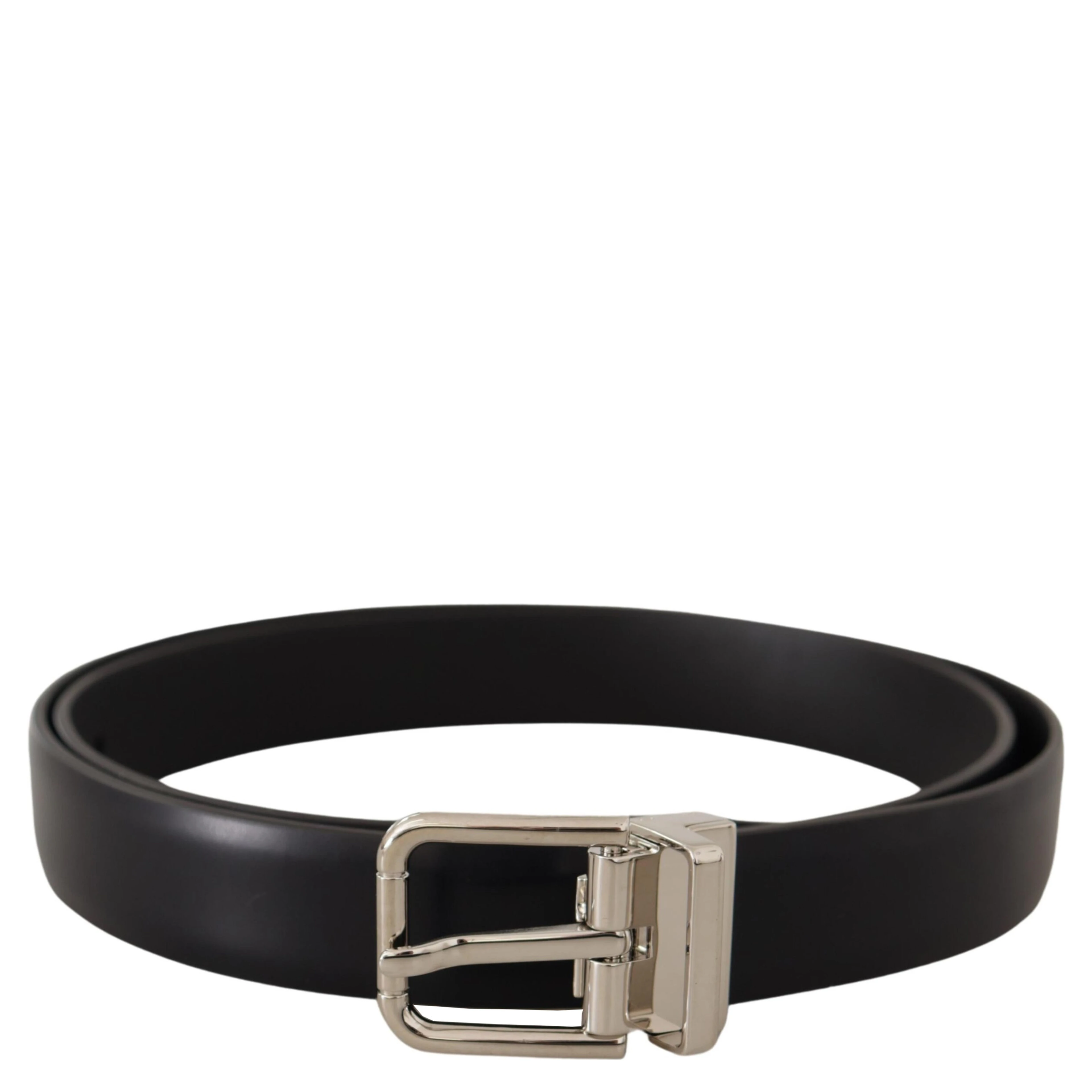 Black Calf Leather Silver Metal Logo Buckle Belt