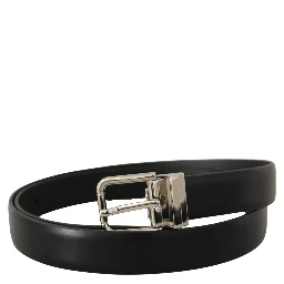 Black Calf Leather Silver Metal Logo Buckle Belt