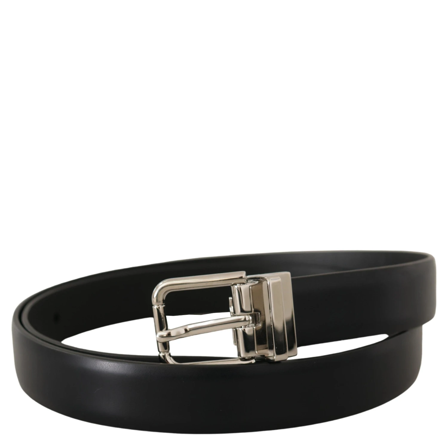 Black Calf Leather Silver Metal Logo Buckle Belt