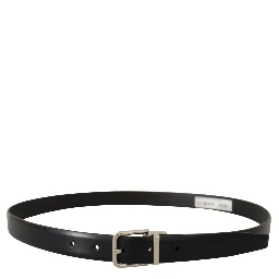 Black Calf Leather Silver Metal Logo Buckle Belt