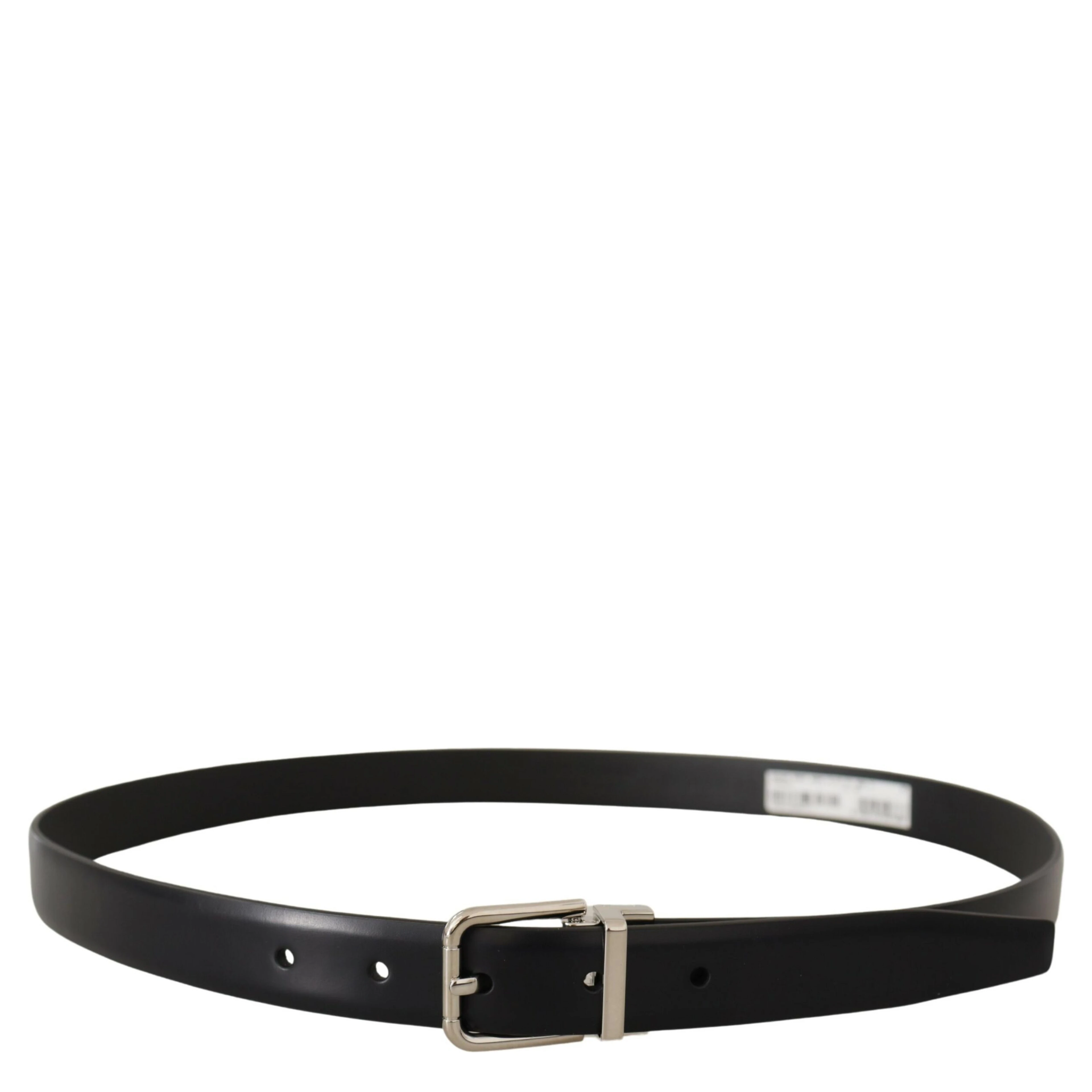 Black Calf Leather Silver Metal Logo Buckle Belt