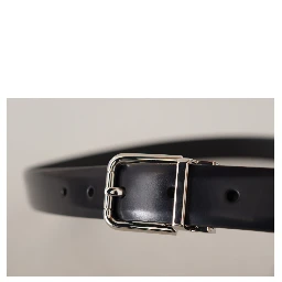 Black Calf Leather Silver Metal Logo Buckle Belt
