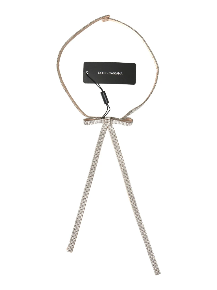 Beige Silk Clear Crystal Bow Waist Belt