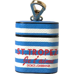 Blue Stripe Dauphine Leather Logo Print Airpod Case