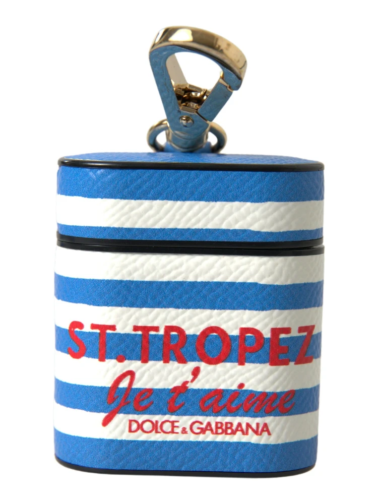 Blue Stripe Dauphine Leather Logo Print Airpod Case