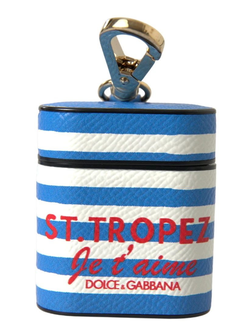 Blue Stripe Dauphine Leather Logo Print Airpod Case