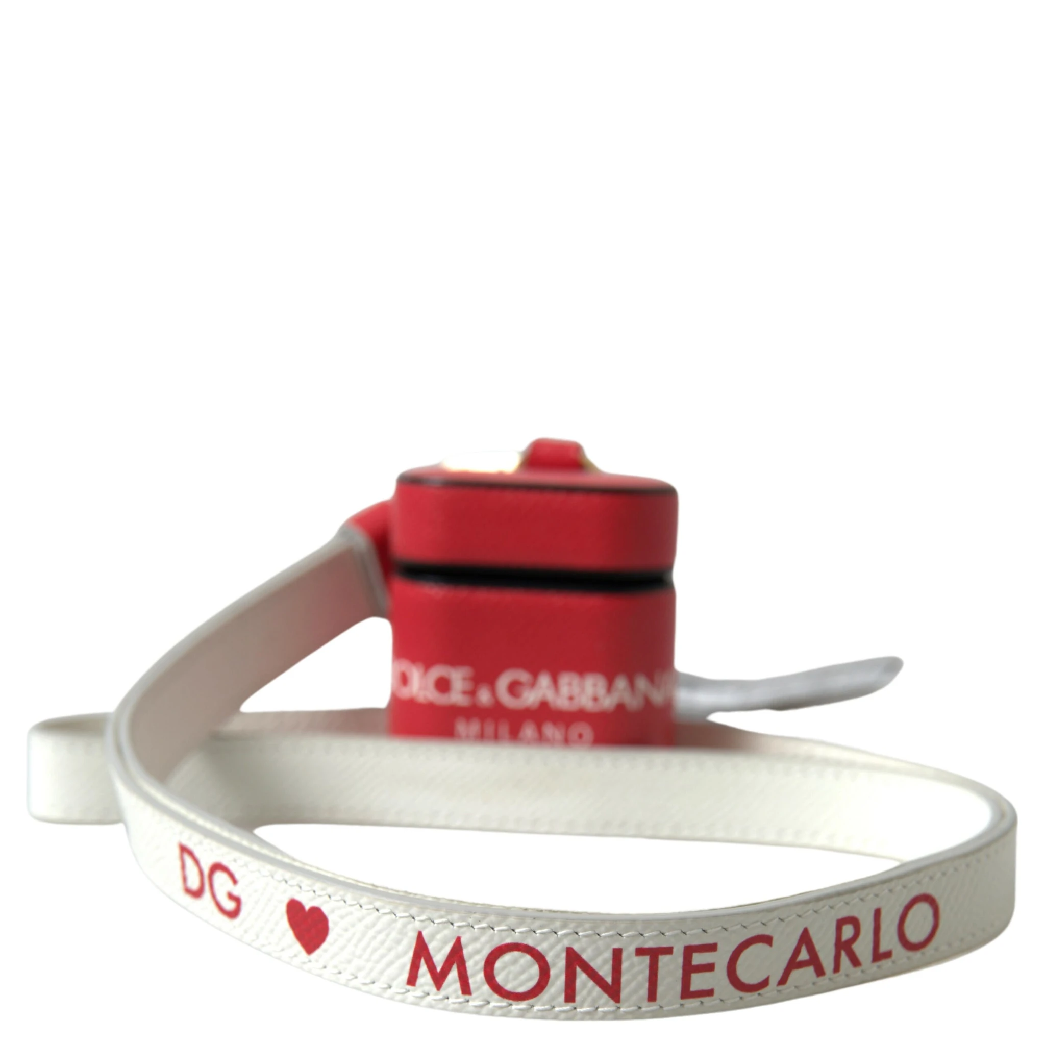 Red Leather Gold Tone Metal Logo Print Airpods Case