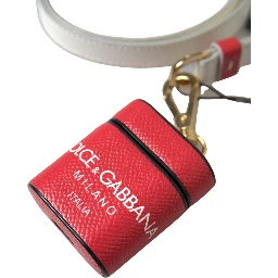 Red Leather Gold Tone Metal Logo Print Airpods Case