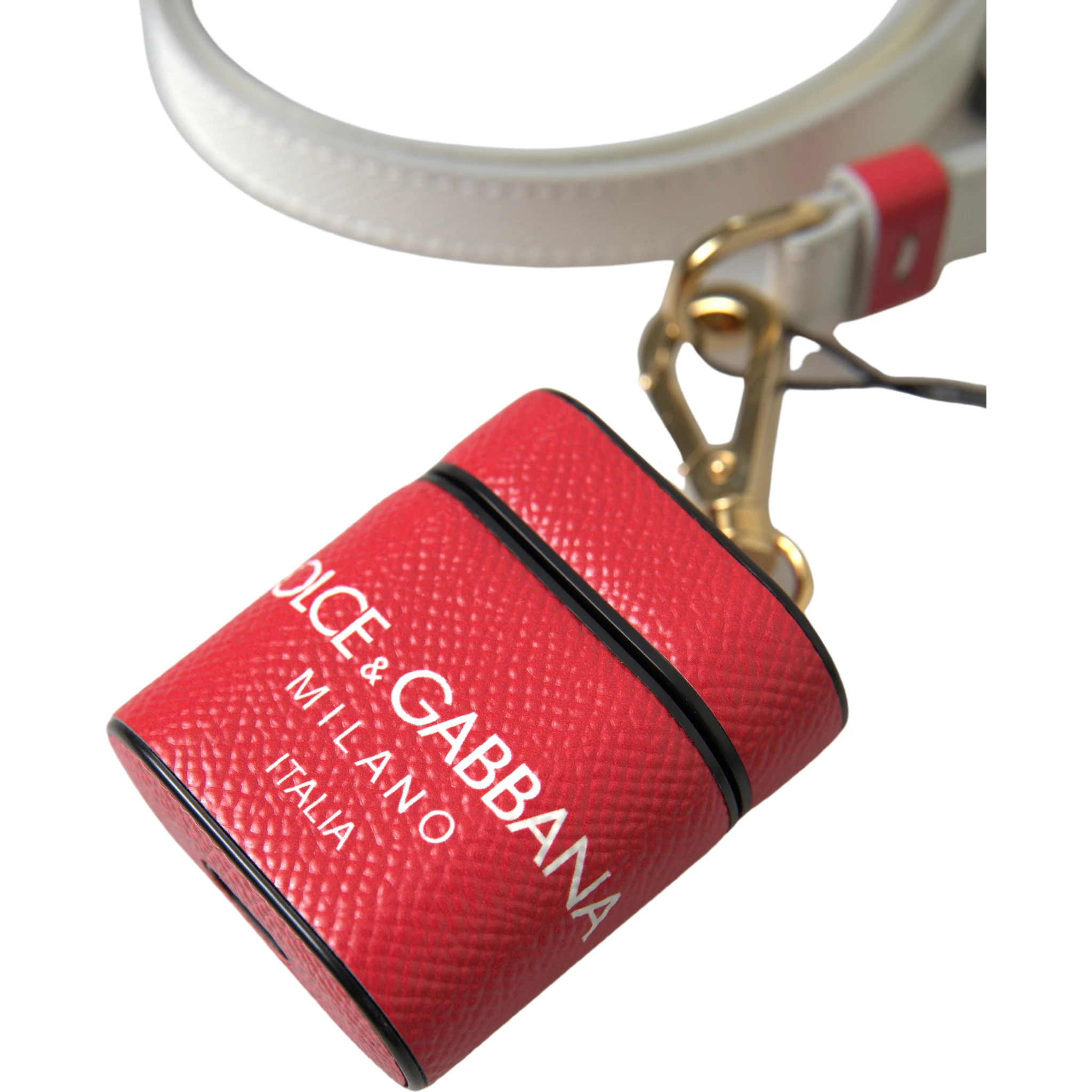 Red Leather Gold Tone Metal Logo Print Airpods Case