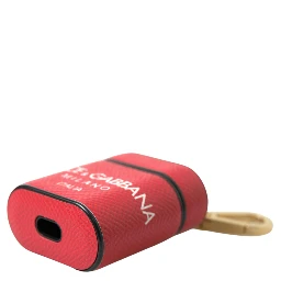 Red Leather Gold Tone Metal Logo Print Airpods Case