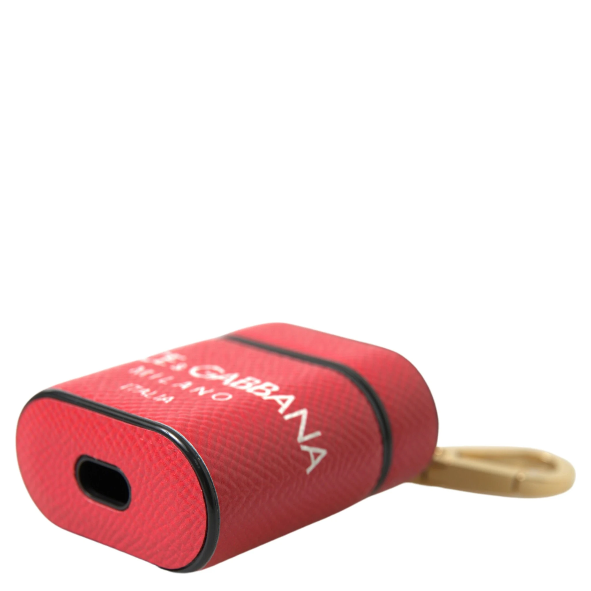 Red Leather Gold Tone Metal Logo Print Airpods Case