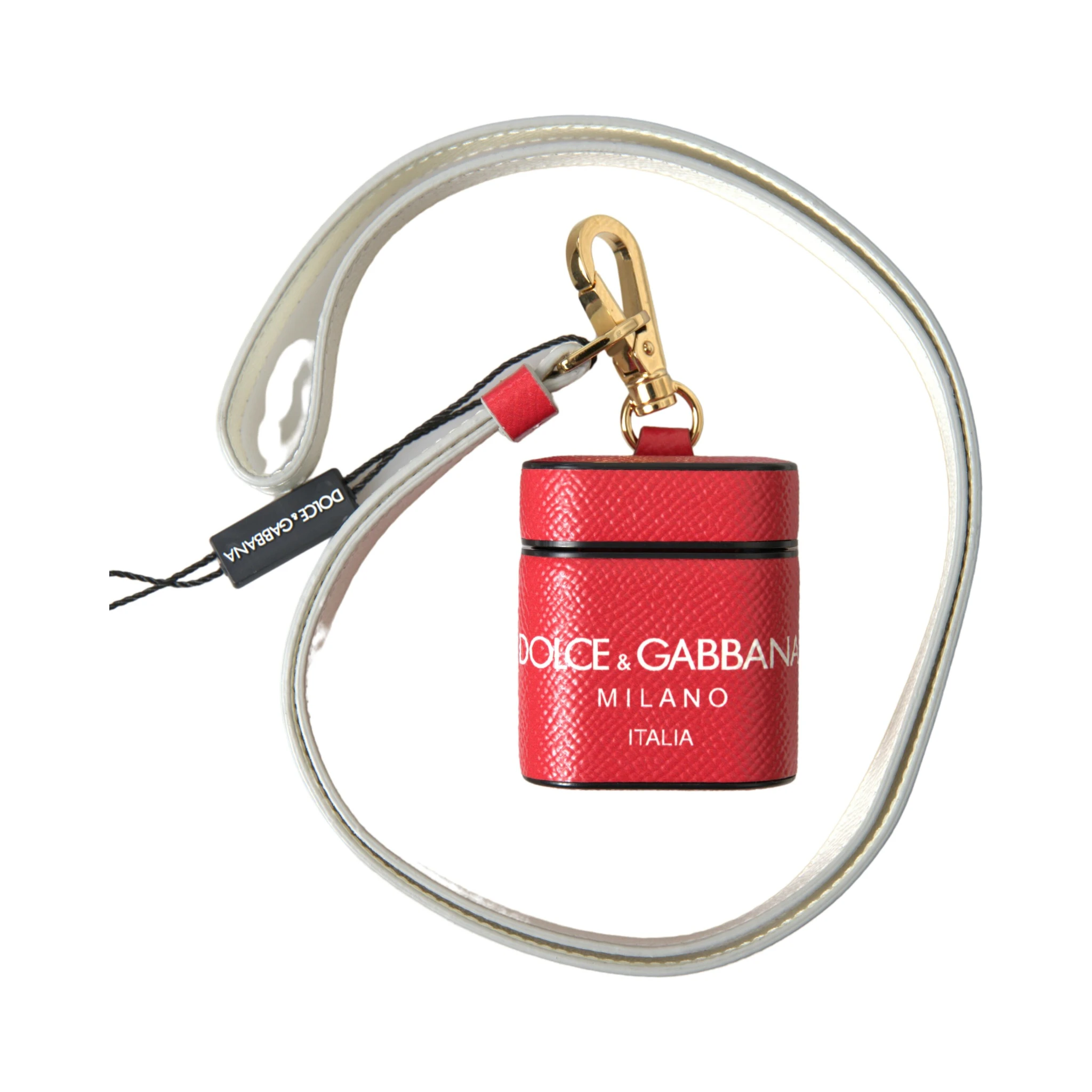 Red Leather Gold Tone Metal Logo Print Airpods Case