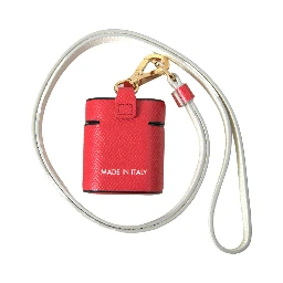 Red Leather Gold Tone Metal Logo Print Strap Airpods Case