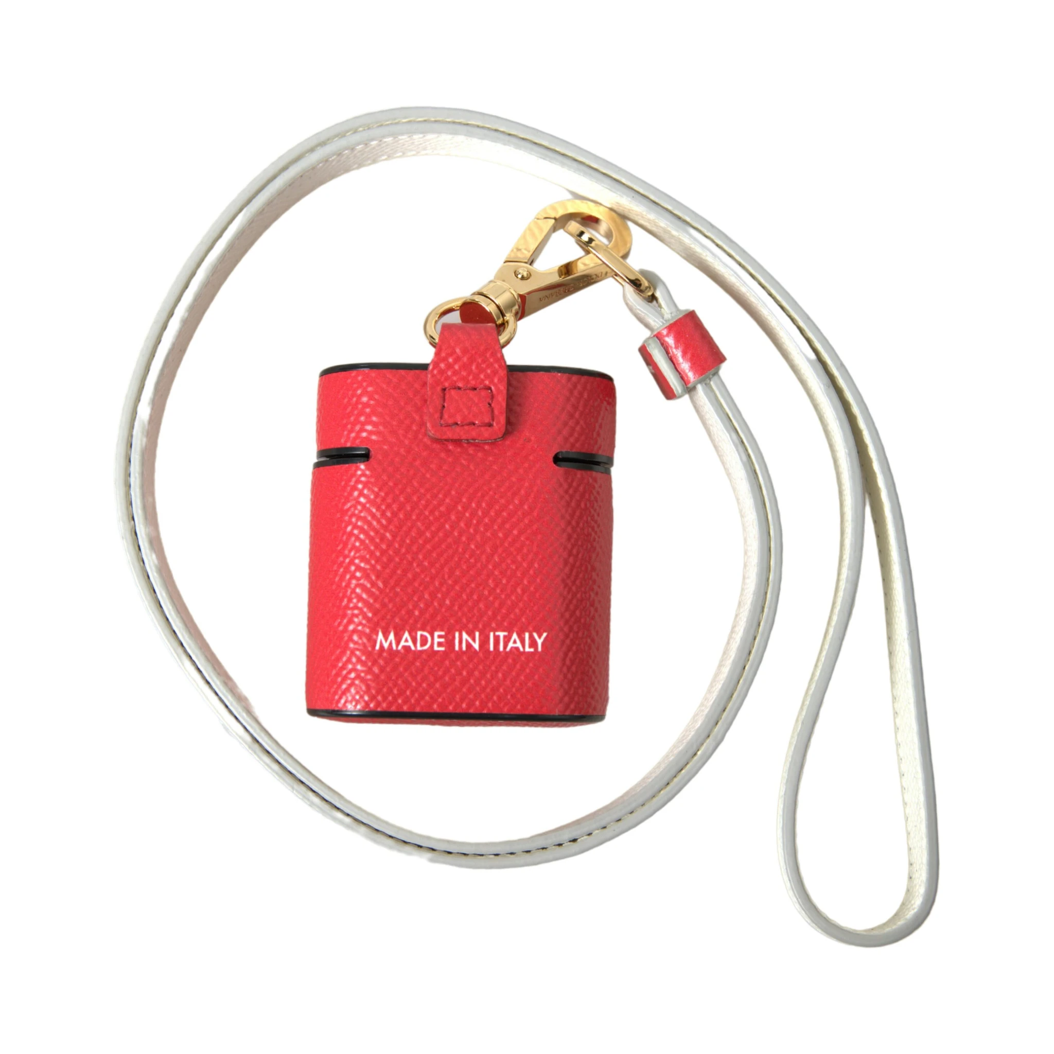 Red Leather Gold Tone Metal Logo Print Strap Airpods Case