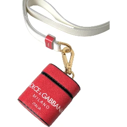 Red Leather Gold Tone Metal Logo Print Strap Airpods Case