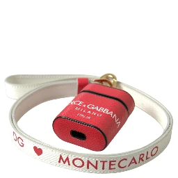 Red Leather Gold Tone Metal Logo Print Strap Airpods Case