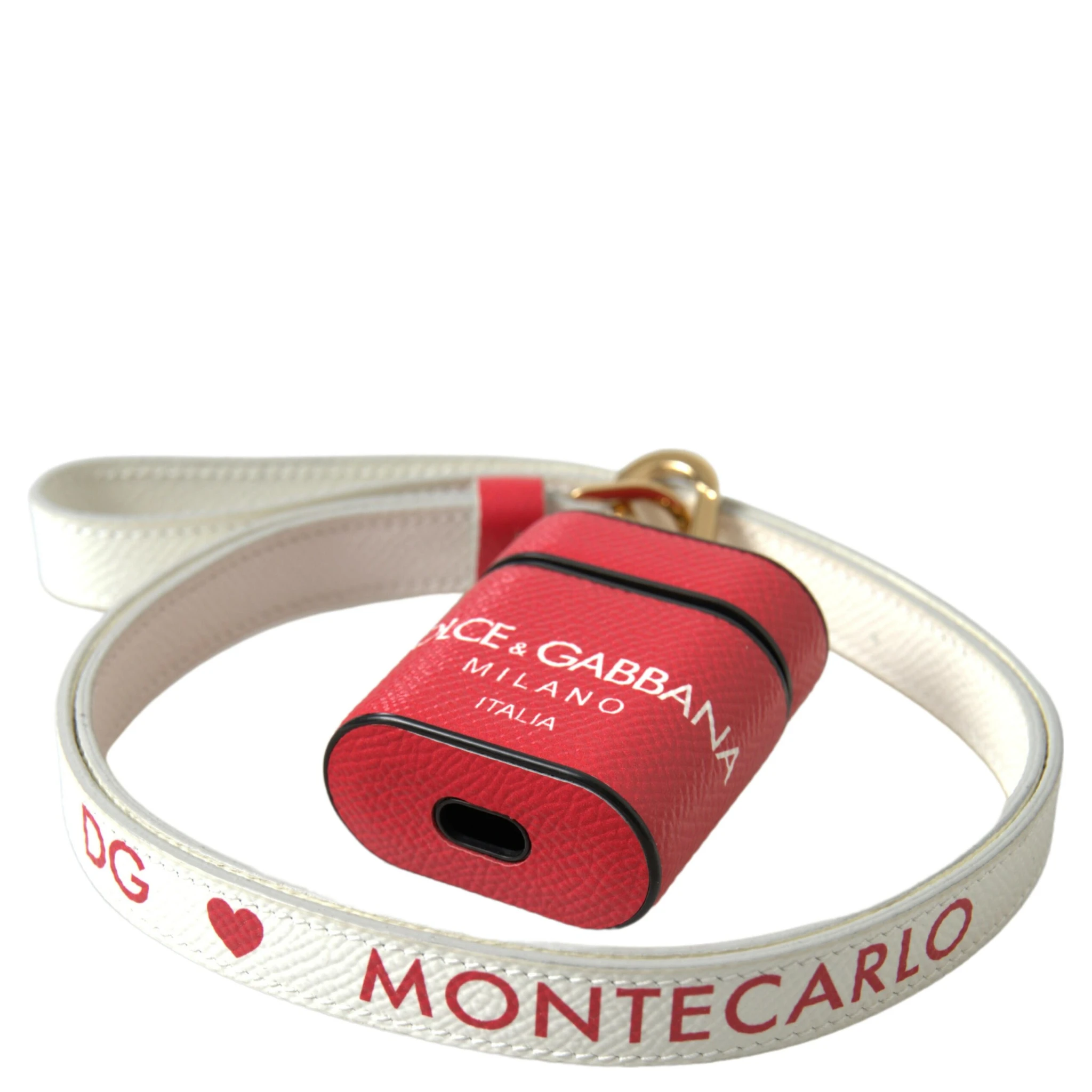 Red Leather Gold Tone Metal Logo Print Strap Airpods Case