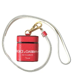 Red Leather Gold Tone Metal Logo Print Strap Airpods Case