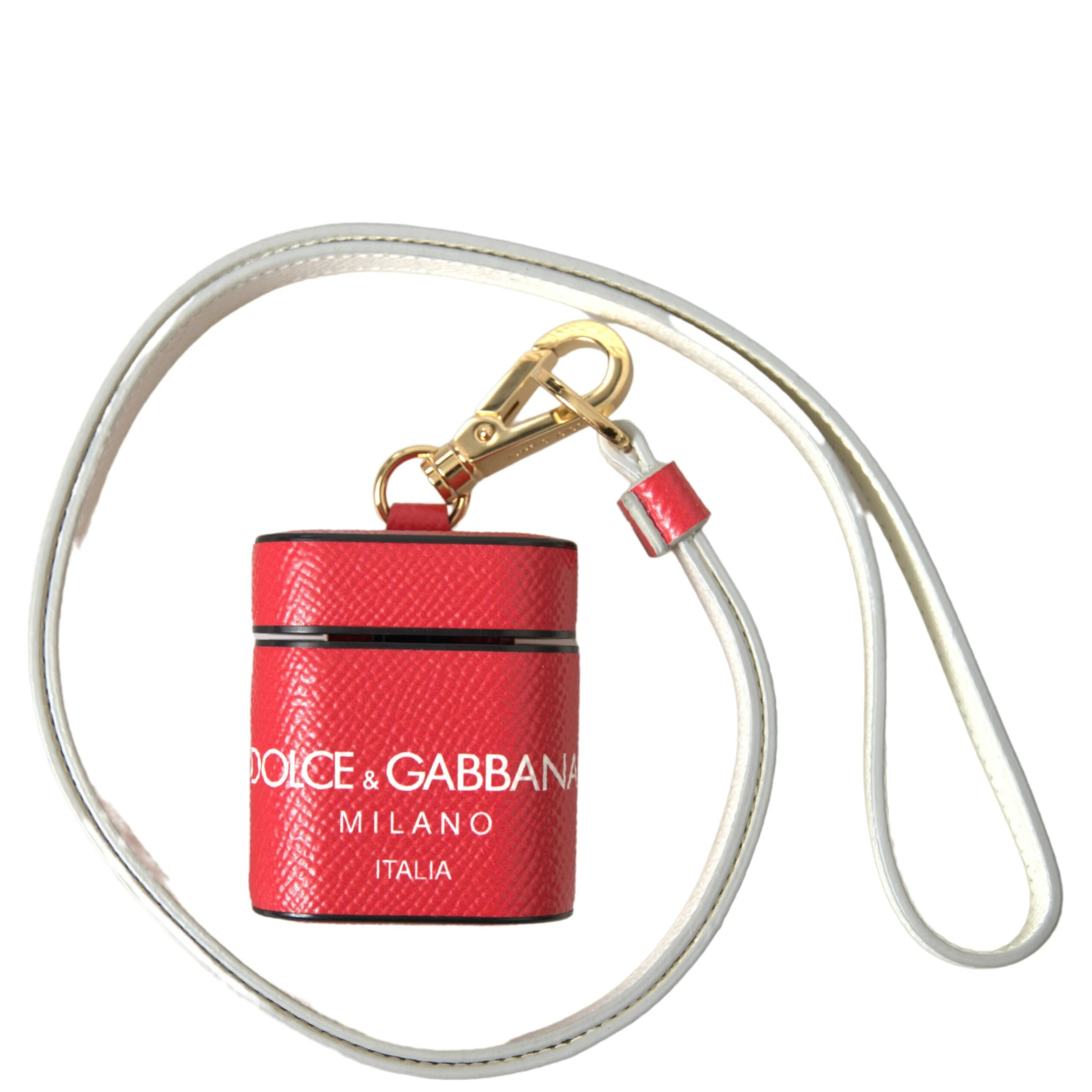 Red Leather Gold Tone Metal Logo Print Strap Airpods Case