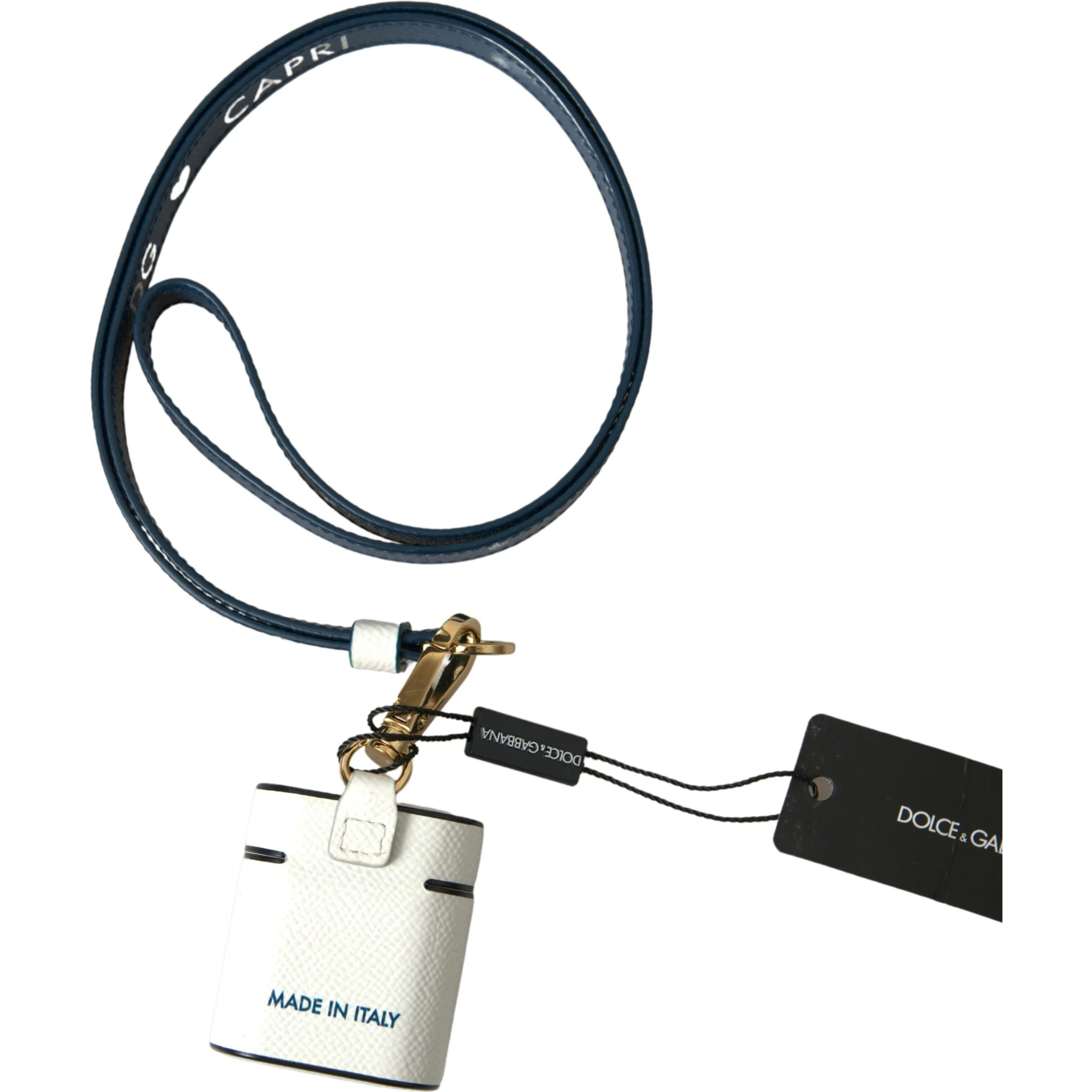 White Blue Calf Leather Logo Print Strap Airpods Case