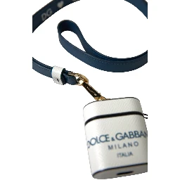 White Blue Calf Leather Logo Print Strap Airpods Case