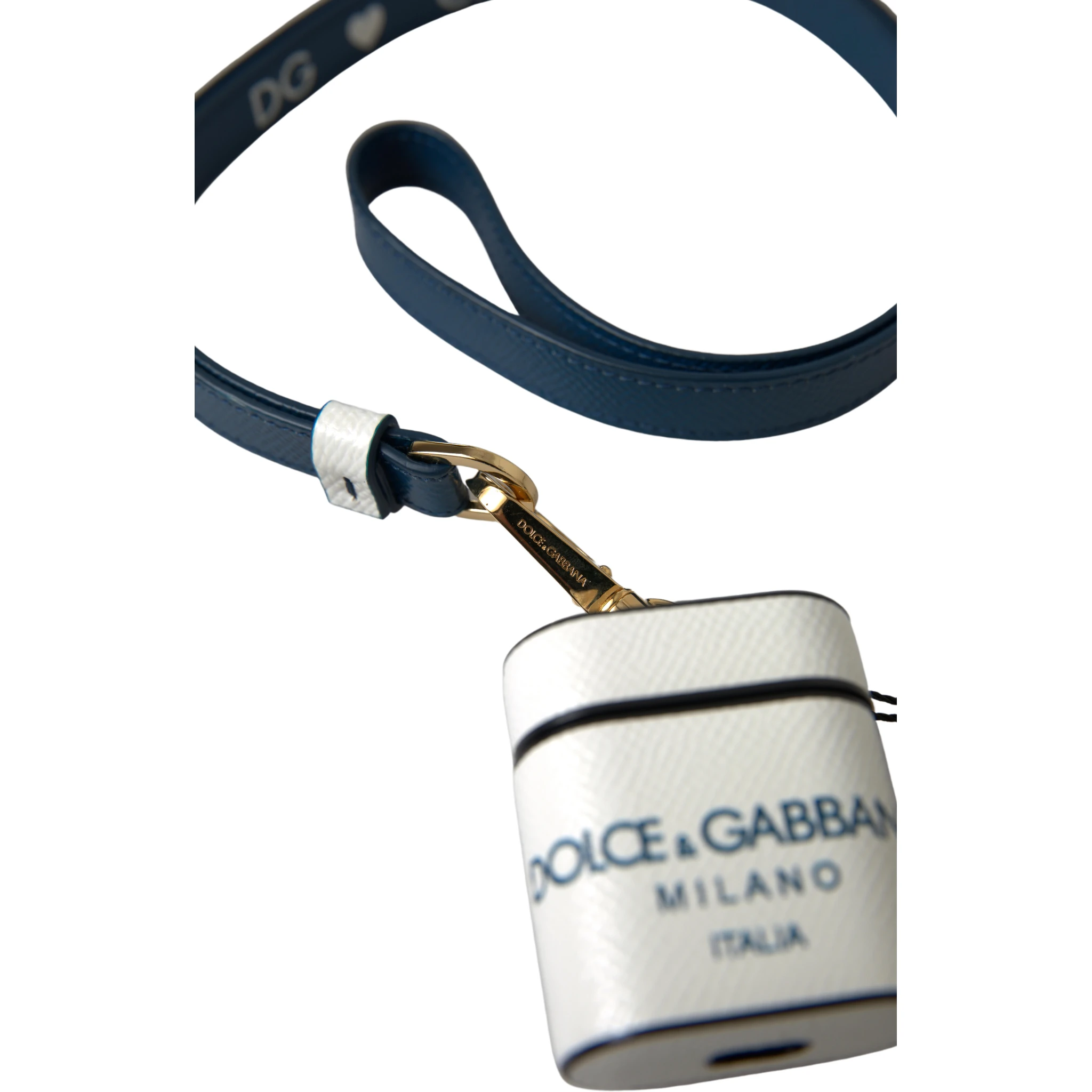 White Blue Calf Leather Logo Print Strap Airpods Case