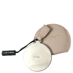 Beige Calfskin Leather Round Logo Hand Mirror Holder