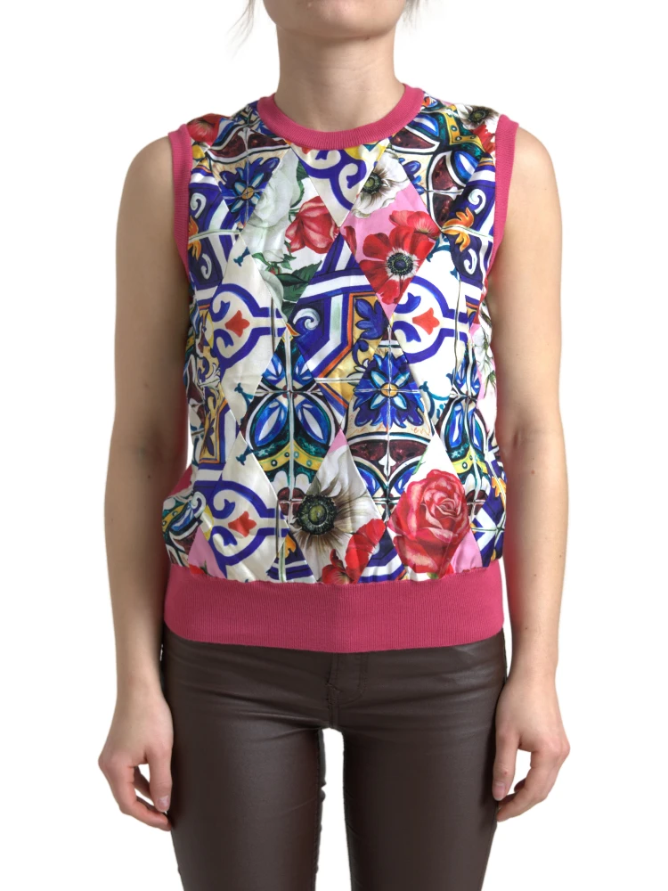 Multicolor Majolica Floral Crew Neck Tank Top
