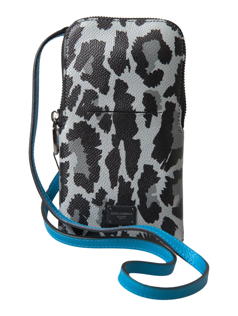 Gray Leopard Leather Men Purse Crossbody Sling Phone Bag