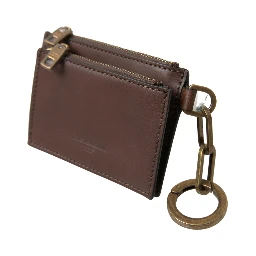 Brown Leather Zip Logo Keyring Coin Purse Wallet