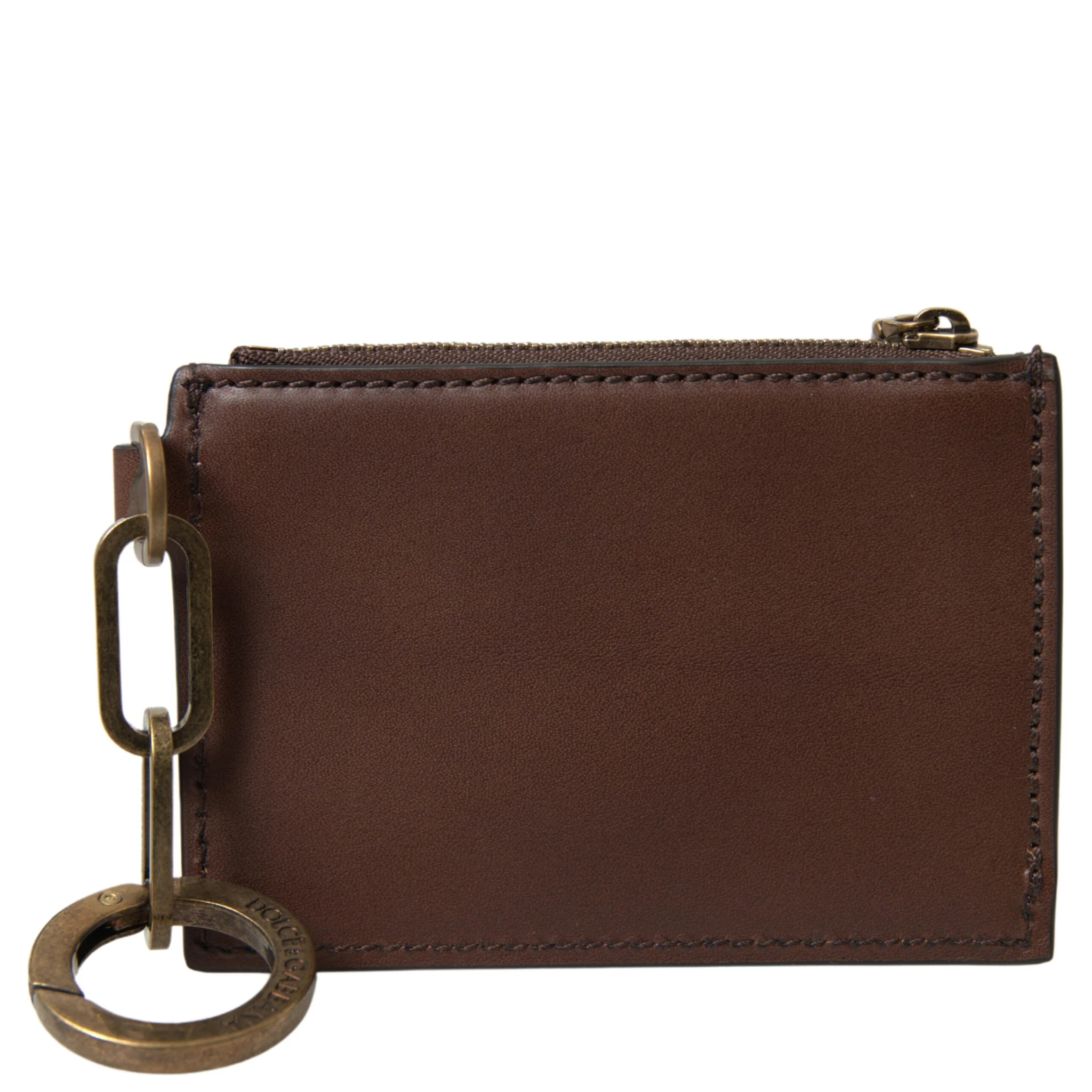 Brown Leather Zip Logo Keyring Coin Purse Wallet