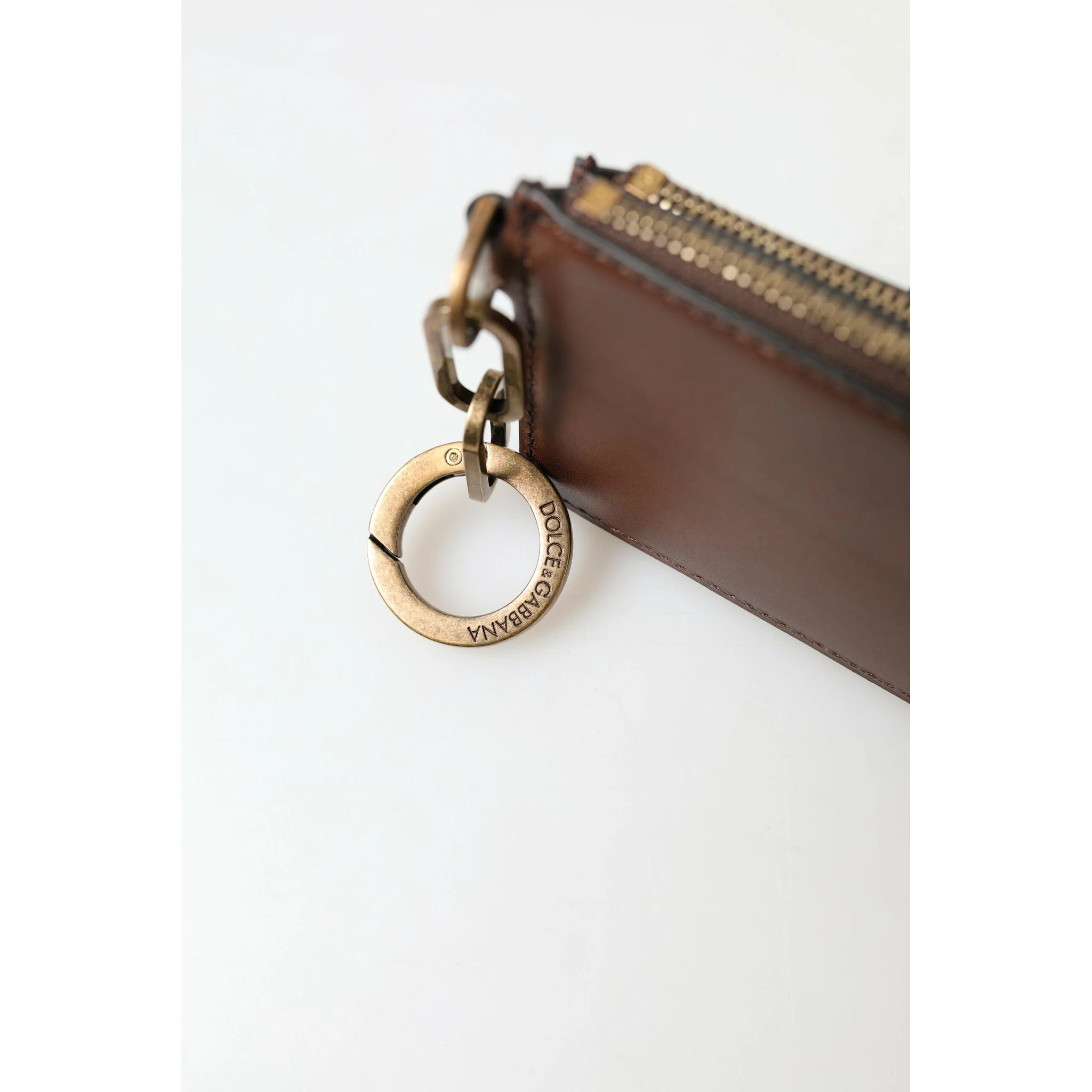 Brown Leather Zip Logo Keyring Coin Purse Wallet