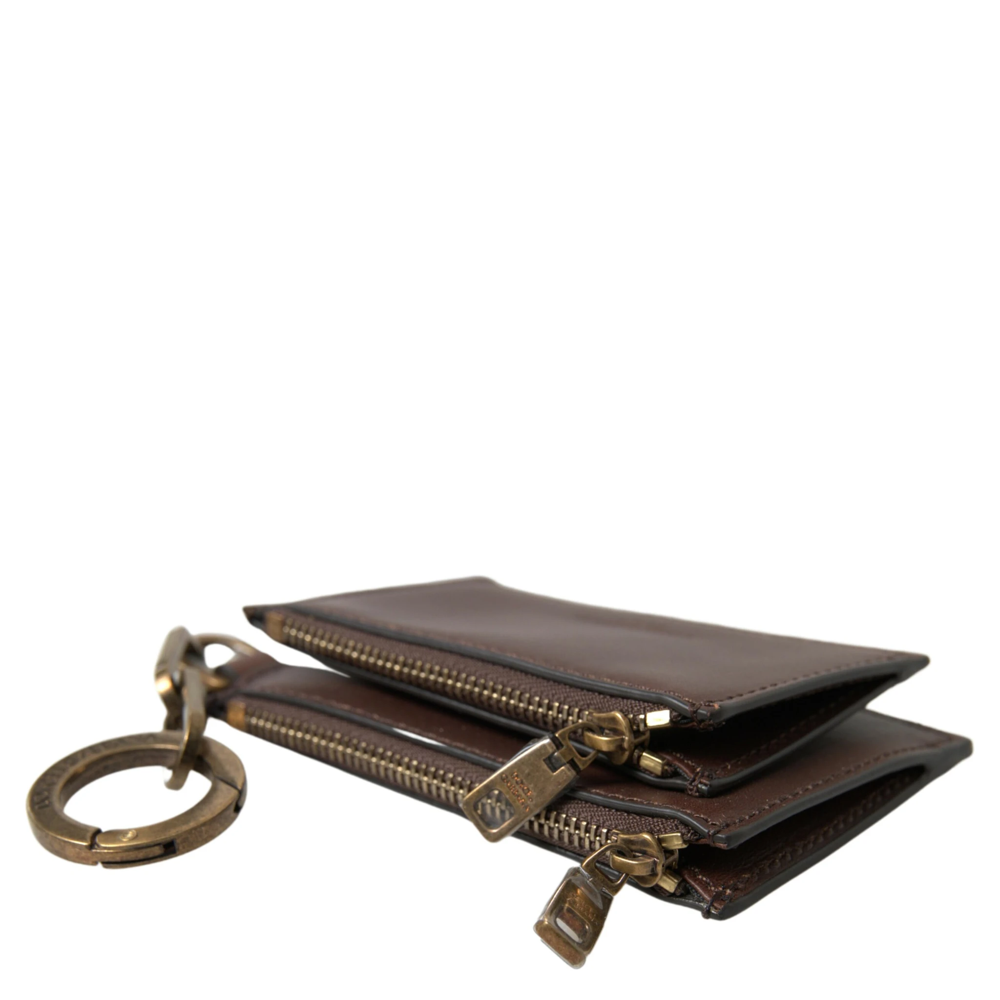 Brown Leather Zip Logo Keyring Coin Purse Wallet