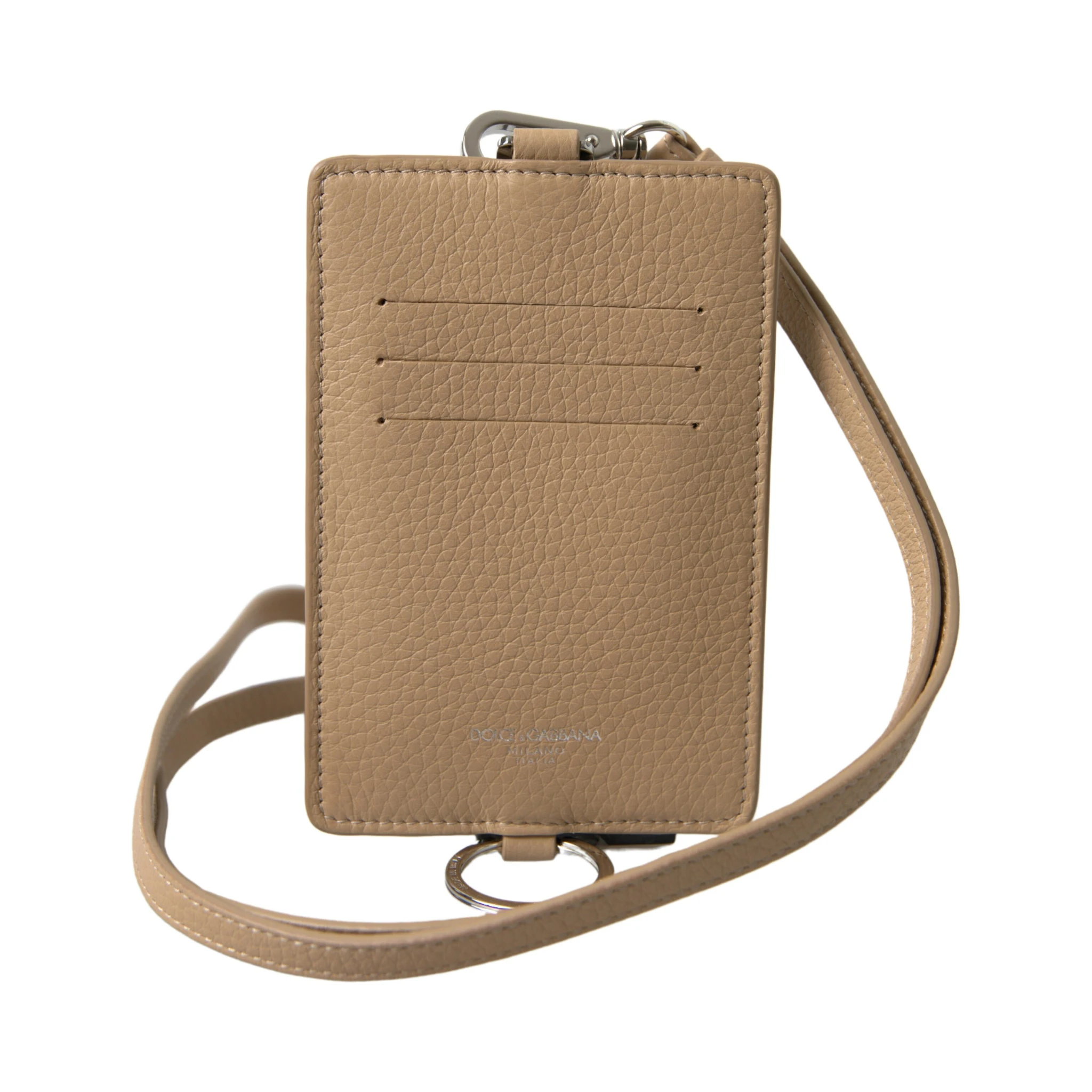 Beige Leather Lanyard Logo Card Holder Men Wallet