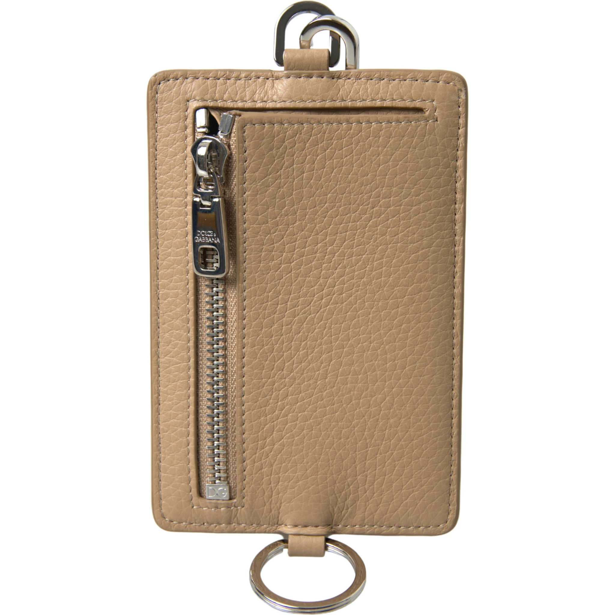 Beige Leather Lanyard Logo Card Holder Men Wallet