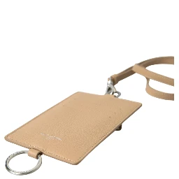 Beige Leather Lanyard Logo Card Holder Men Wallet