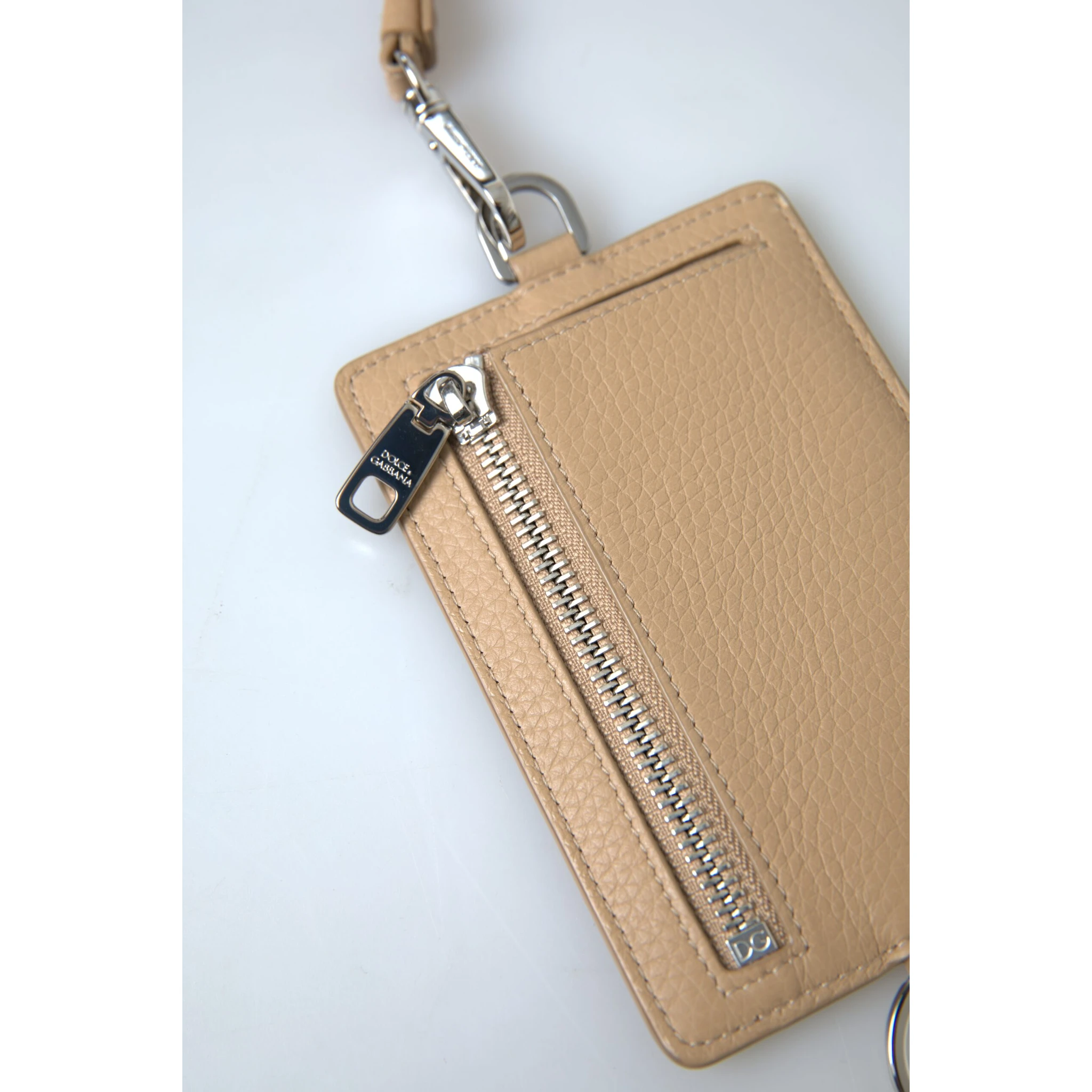 Beige Leather Lanyard Logo Card Holder Men Wallet
