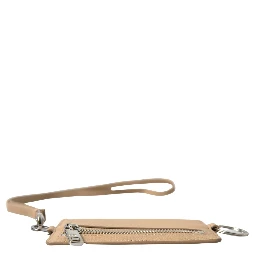 Beige Leather Lanyard Logo Card Holder Men Wallet