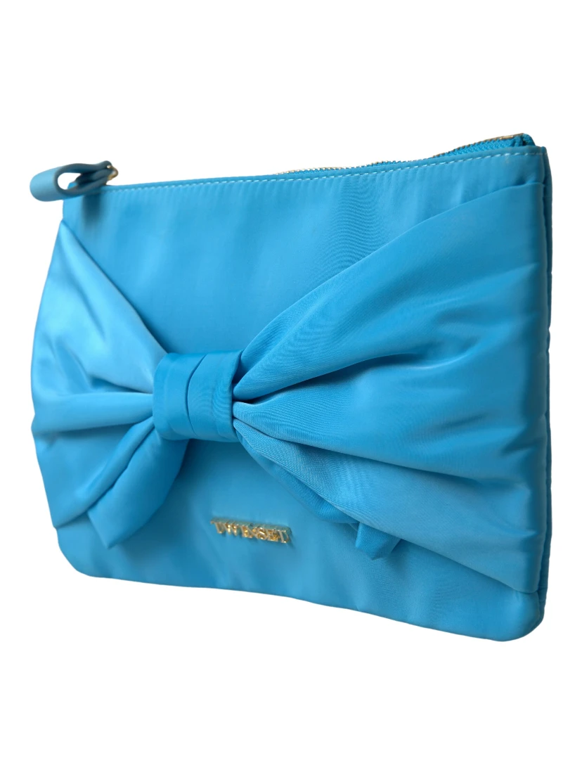 Blue Tafta Silk Large Bow Zipper Clutch Women Borse Logo Bag