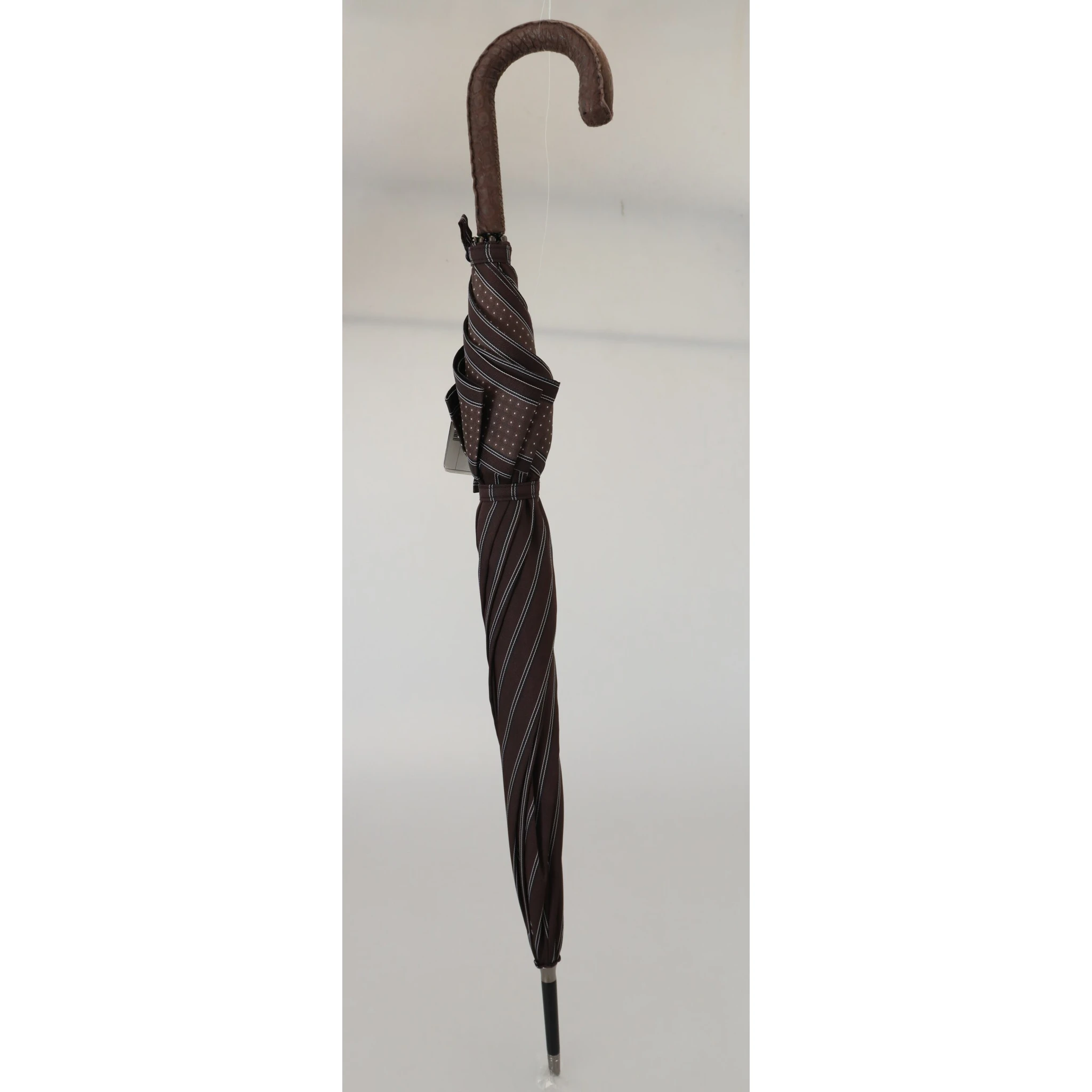 Brown Striped Leather Handle Collapsible Sartoria Umbrella