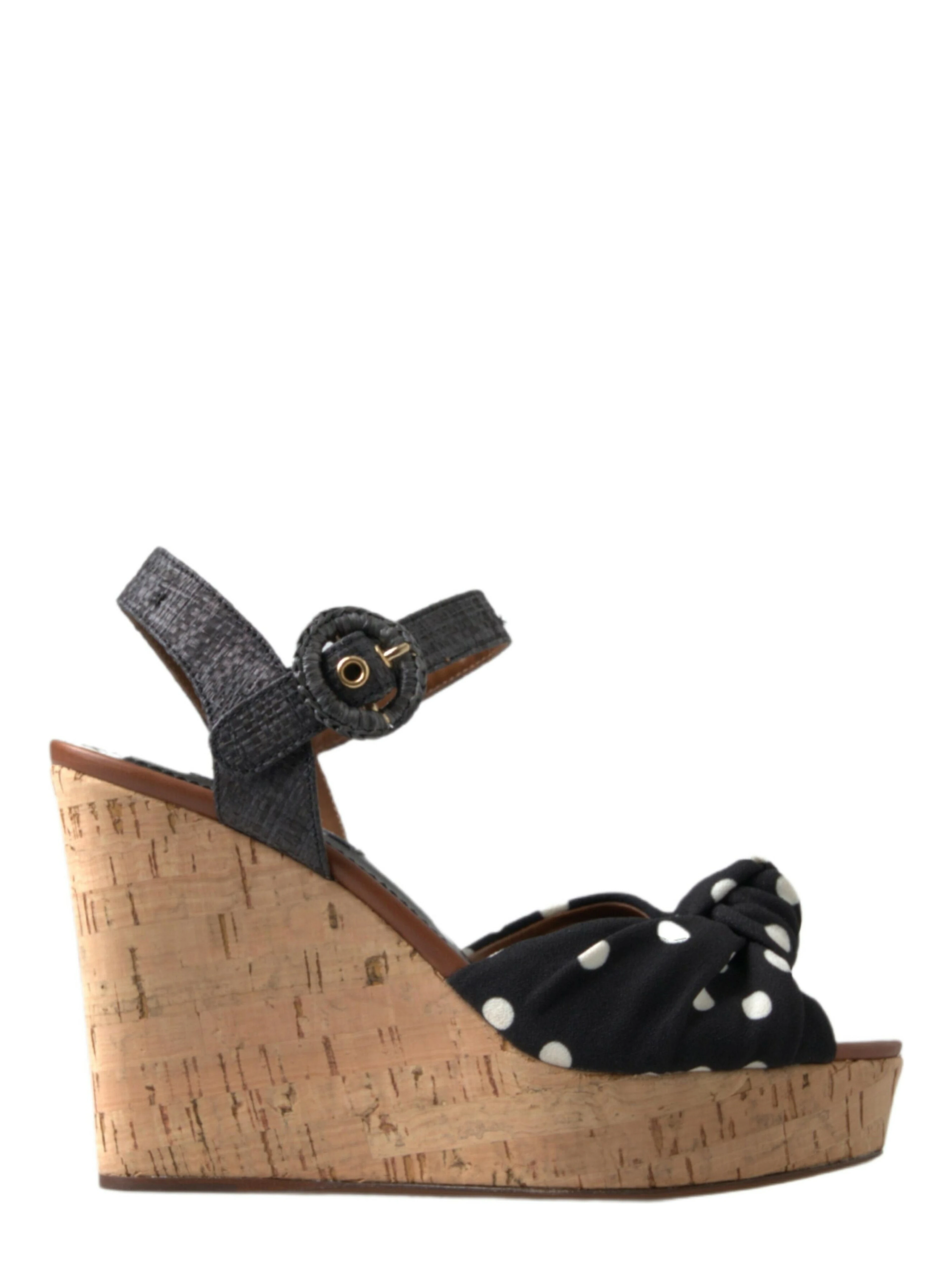 Black  Wedges Polka Dotted Ankle Strap Shoes Sandals