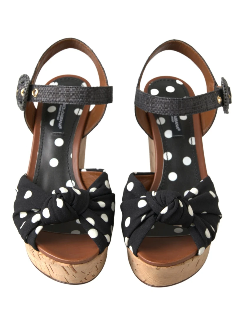 Black  Wedges Polka Dotted Ankle Strap Shoes Sandals
